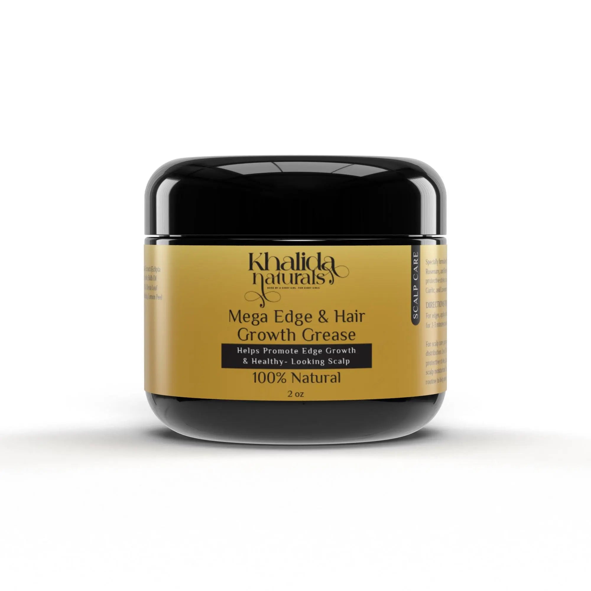 Jar of Mega Edge and Hair Growth Grease designed to promote edge regrowth, nourish the scalp, and strengthen kinky, coily, and curly hair with a natural formula.