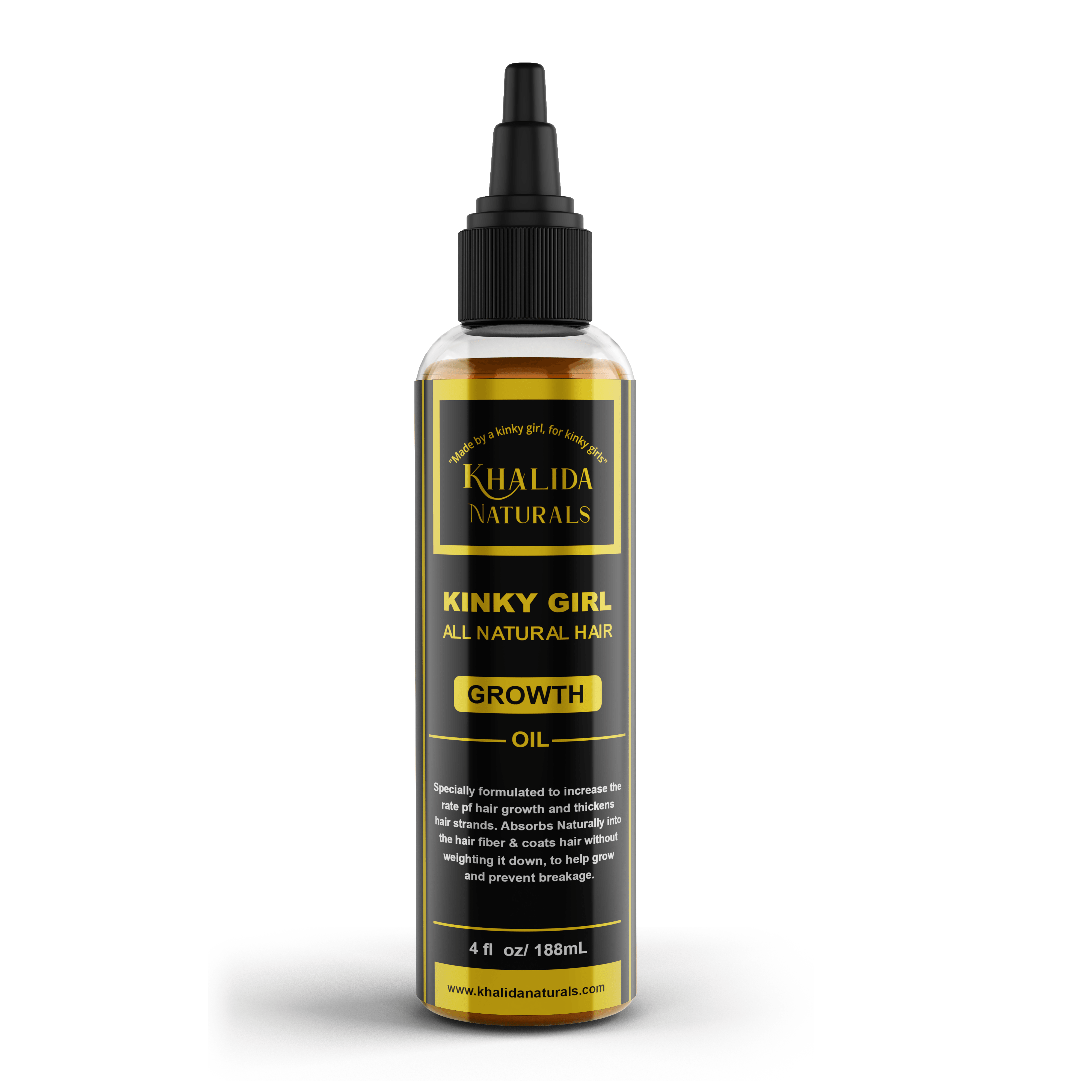 Bottle of Original Kinky Hair Growth Oil with natural ingredients, designed to promote hair growth, nourish kinky, coily, and curly hair, and strengthen strands.