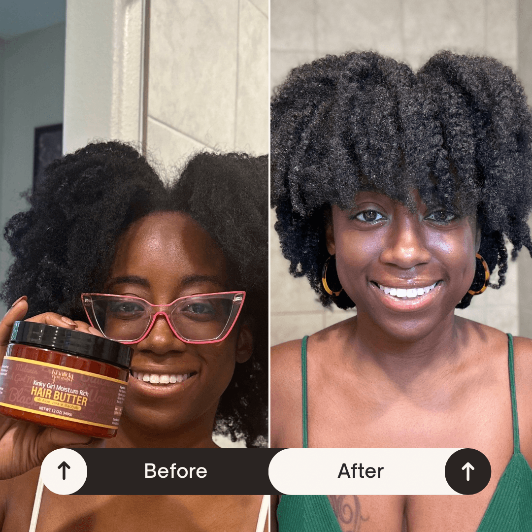 Jar of Kinky Girl Moisture Rich Hair Butter, formulated to deeply moisturize, soften, and nourish kinky, coily, and curly hair with natural, hydrating ingredients.