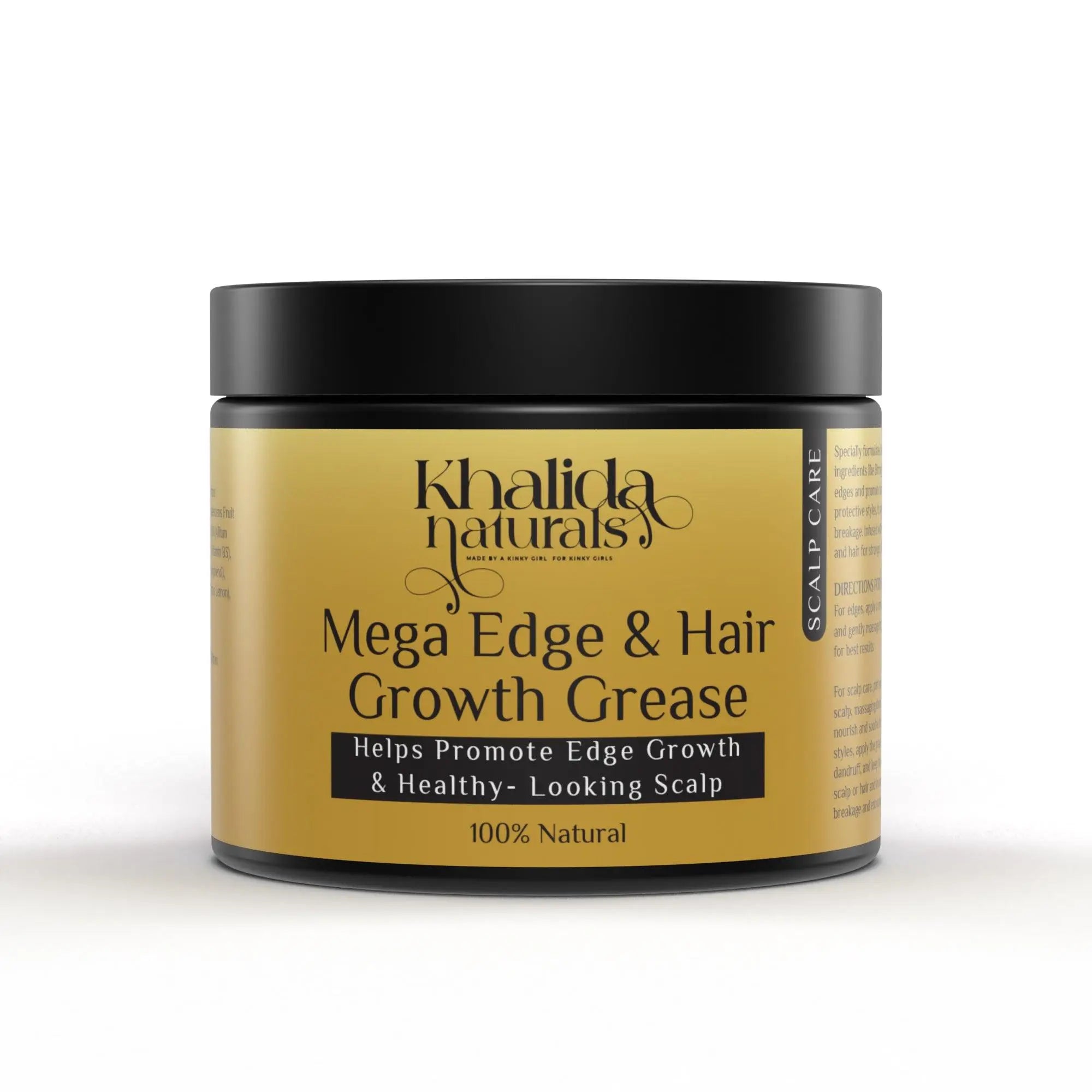 Jar of Mega Edge and Hair Growth Grease designed to promote edge regrowth, nourish the scalp, and strengthen kinky, coily, and curly hair with a natural formula.