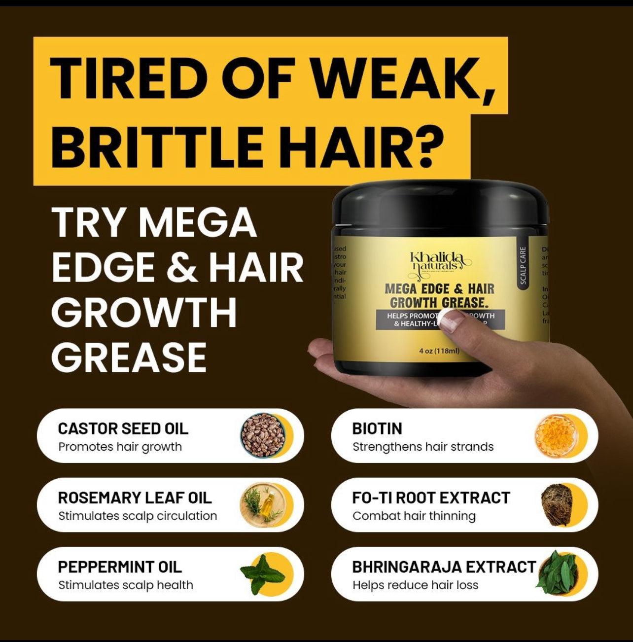 Jar of Mega Edge and Hair Growth Grease designed to promote edge regrowth, nourish the scalp, and strengthen kinky, coily, and curly hair with a natural formula.