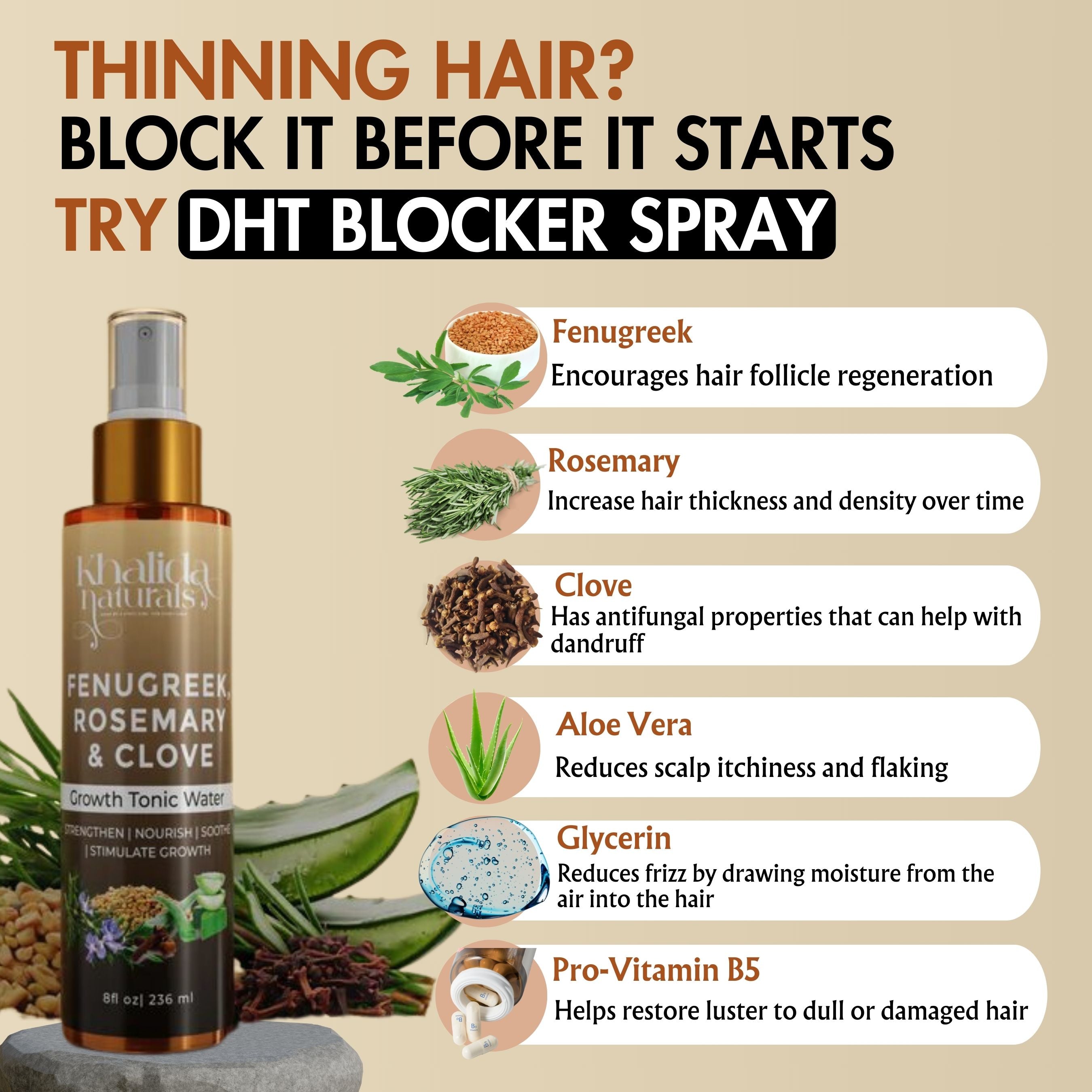 Fenugreek, Rosemary & Clove Growth Tonic-Naturally Blocks DHT & Stimulates Growth